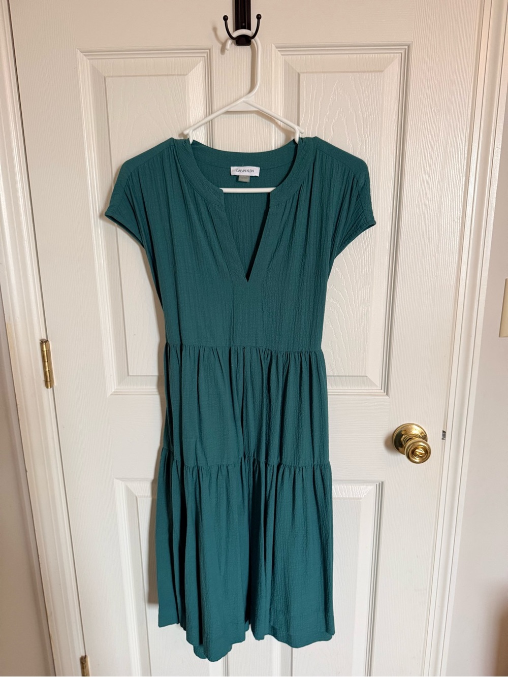 Calvin Klein Teal Short Sleeve Tiered Midi Dress
